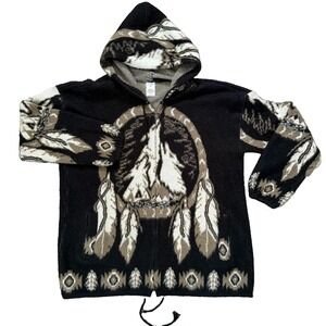 Men's XL Yari Artesanias Wool Sweater Jacket Hoodie Full Zip Buffalo Design Ecua